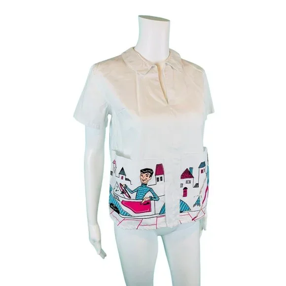 Vintage 60s Novelty Blouse Womens Small Printed Dream Pockets Girl Shirts - Picture 6 of 10